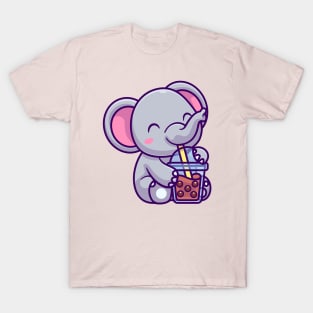 Cute Elephant Drink Boba Milk Tea Cartoon T-Shirt